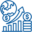 Icon representing economic growth with graph and coins.